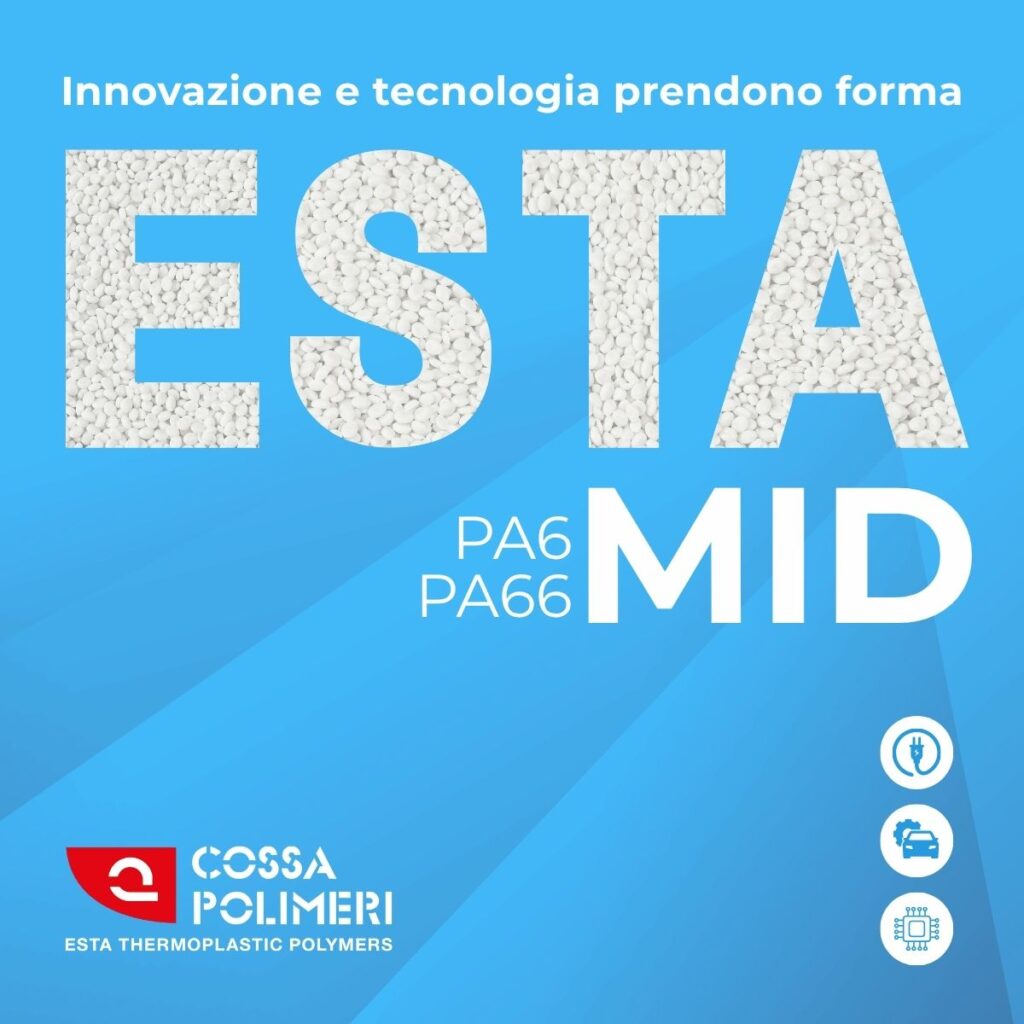 Grafica promozionale della linea ESTAMID di Cossa Polimeri, con scritta "Innovazione e tecnologia prendono forma" su sfondo blu. La parola "ESTA" è riempita con l’immagine di granuli bianchi, seguita da "MID" in bianco pieno. Sono indicati i materiali PA6 e PA66 e tre icone rappresentano energia, automotive ed elettronica.