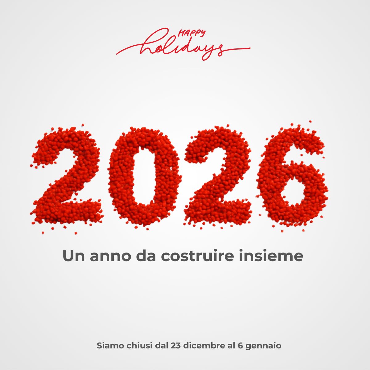 Nel 2026 continueremo a investire in innovazione, sostenibilità e collaborazione. Buone feste da Cossa Polimeri: saremo chiusi dal 23 dicembre al 6 gennaio.